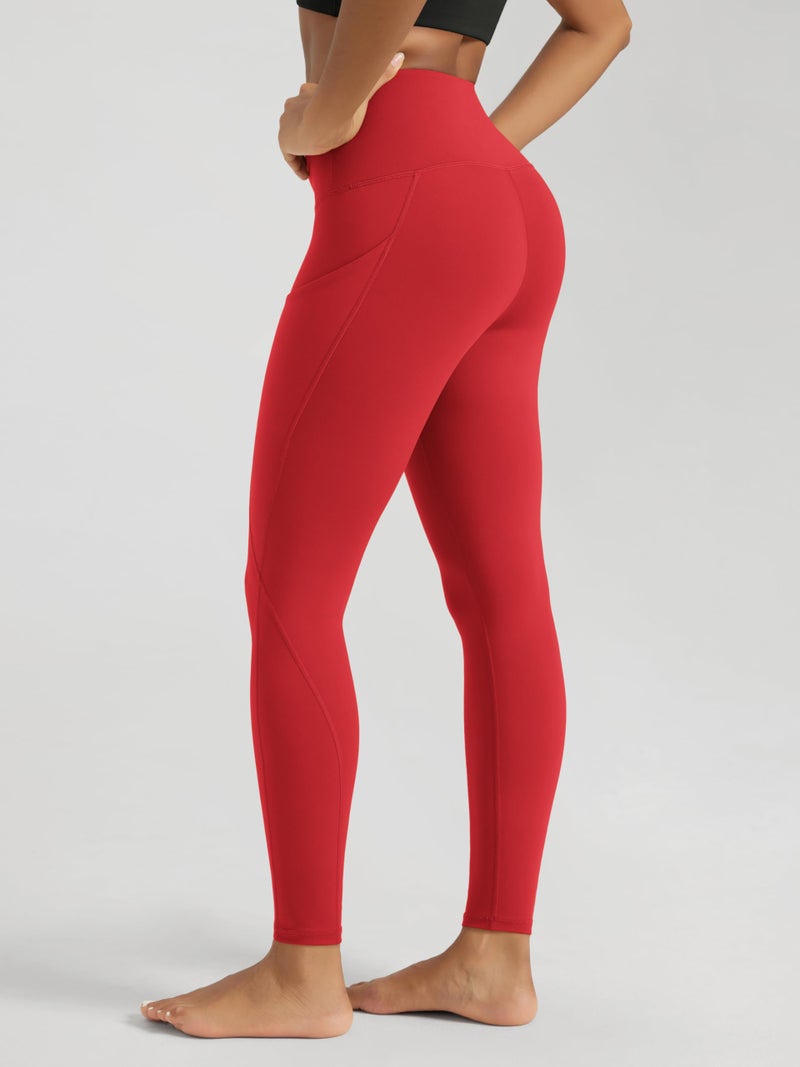 ODODOS Women's High Waisted Full Length Yoga Leggings with Pockets, 28" Inseam Tummy Control Non See Through Workout Athletic Running Yoga Pants, Red, Large - Image 2